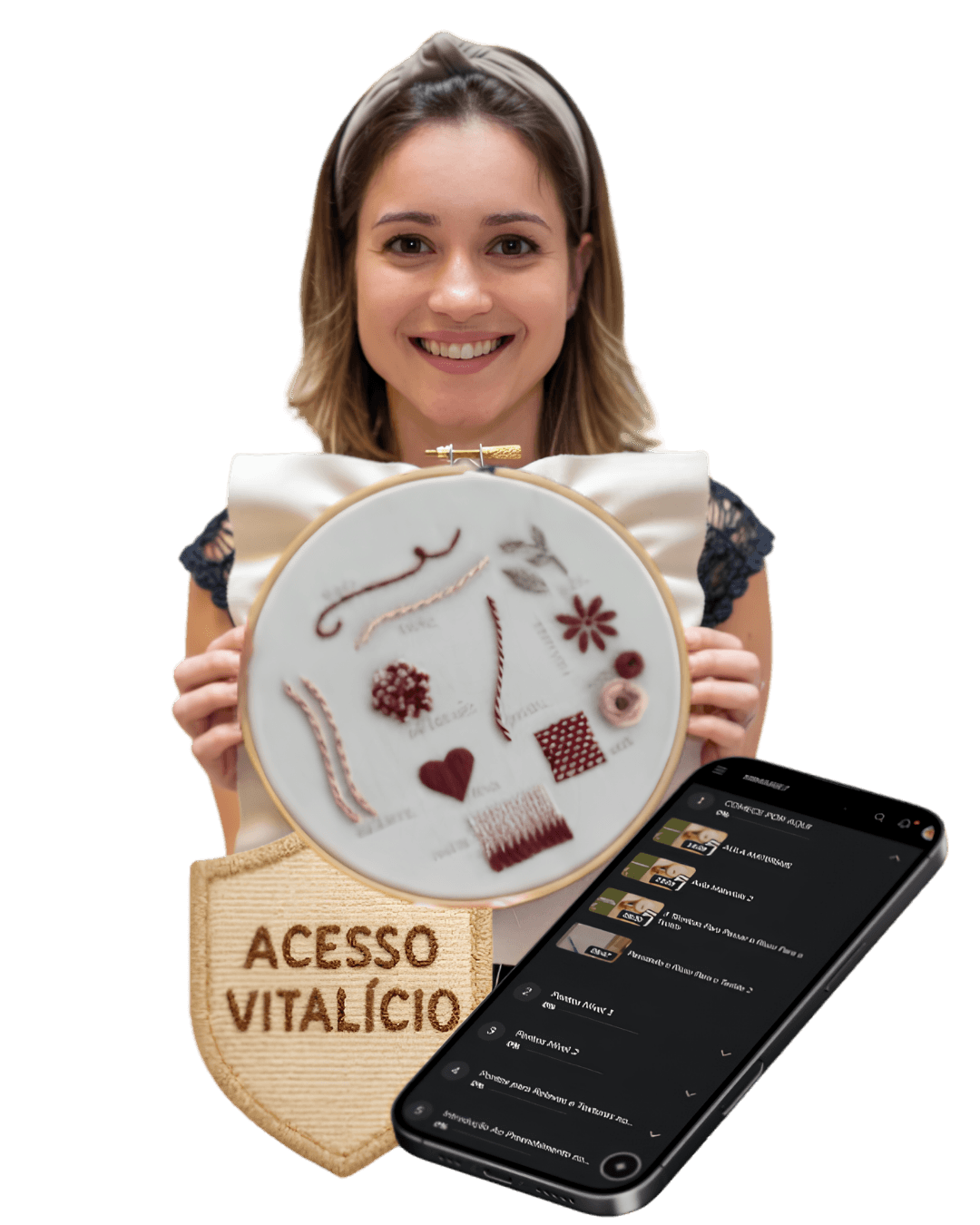 Maria Paixão segurando um bastidor com pontos bordados, ao lado do selo Acesso Vitalício e da área de membros no celular